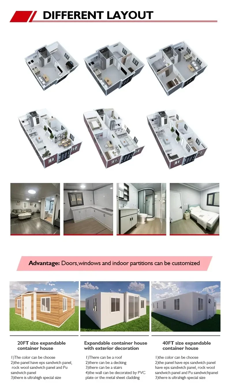 Contenedor plano de 40 pies, contenedor expandible prefabricado para dos dormitorios, casa móvil con remolque