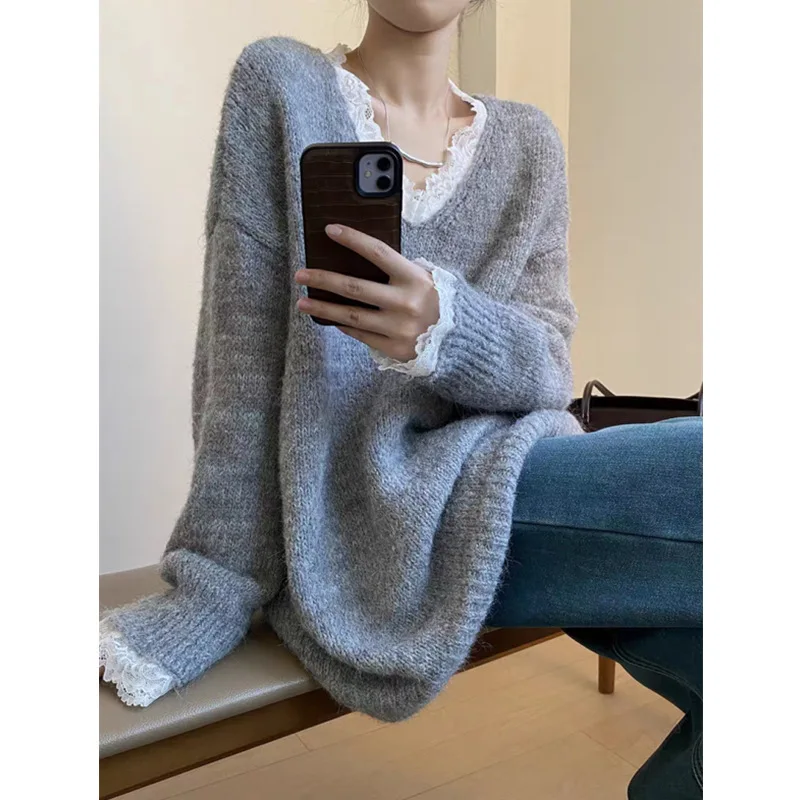 

2023 Korean Style Lazy Lace Trim Knitted Sweater Women Loose Versatile Pullover Top Autumn Winter New Women's Fashion