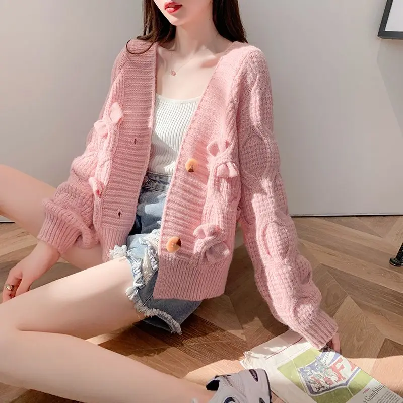 

Sweet Pink Knitting Cardigan Women's Loose Top Fried Dough Twists Sweater Coat