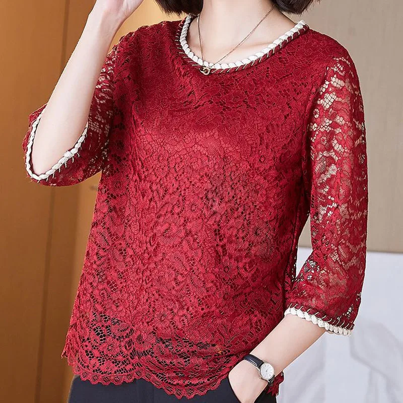 2023 Summer Lady New Round Neck Solid Color Hollow Elbow Sleeve Tops Women Casual Comfortable Refreshing All-match Lace T-shirt