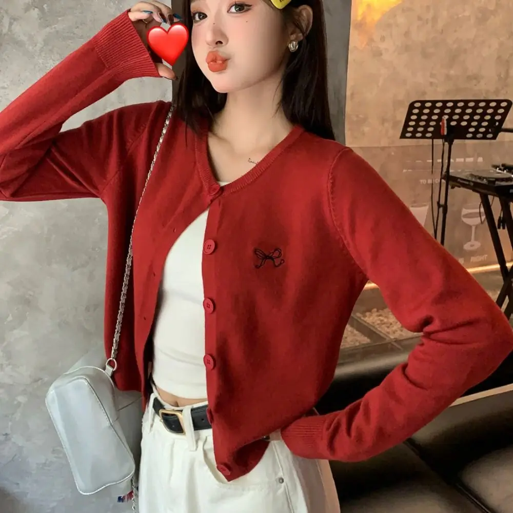 

Spring Solid Bowknot Crochet Sweaters Autumn Spring Loose Sweet Knitwear Ladies Tops Long Sleeve Cardigans Women Y2K Female