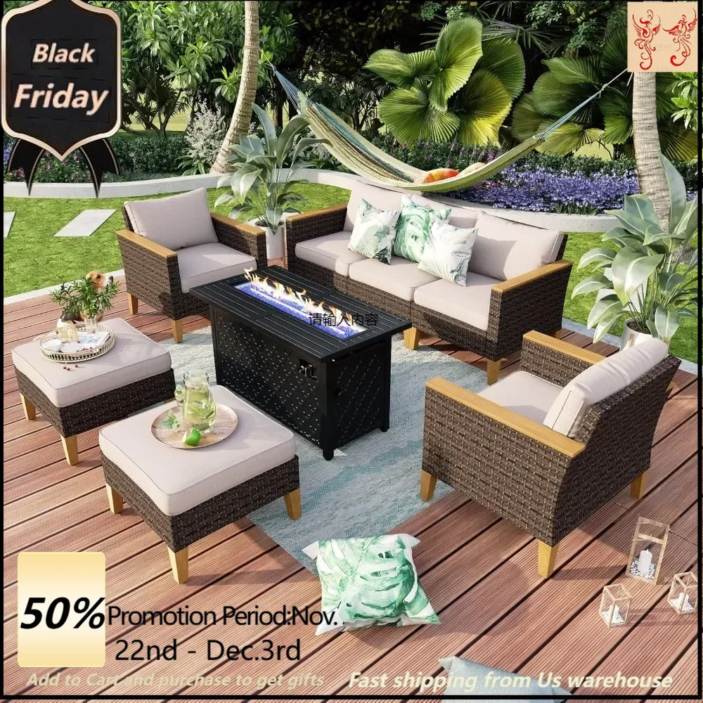 7 Piece Patio Furniture Set with Fire Pit Table, 2 x Single Chairs, 2 x Ottoman, 3 Seater Sofa, Rattan Patio Set Garden, Beige