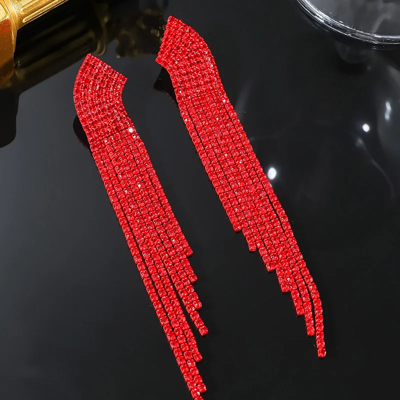 Fashion Red Prom Chandelier Earrings Long Tassel Earrings Jewelry For Women  Rhinestone Sparkling Dangling Wedding Ear Studs