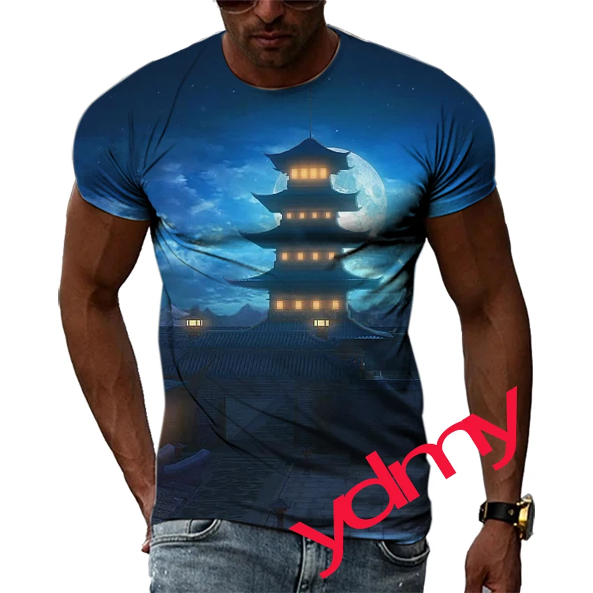 Tide Fashion Summe Ancient Building Picture Men's T-shirt Casual Print Tees Hip Hop Personality Round Neck Short Sleev Tops