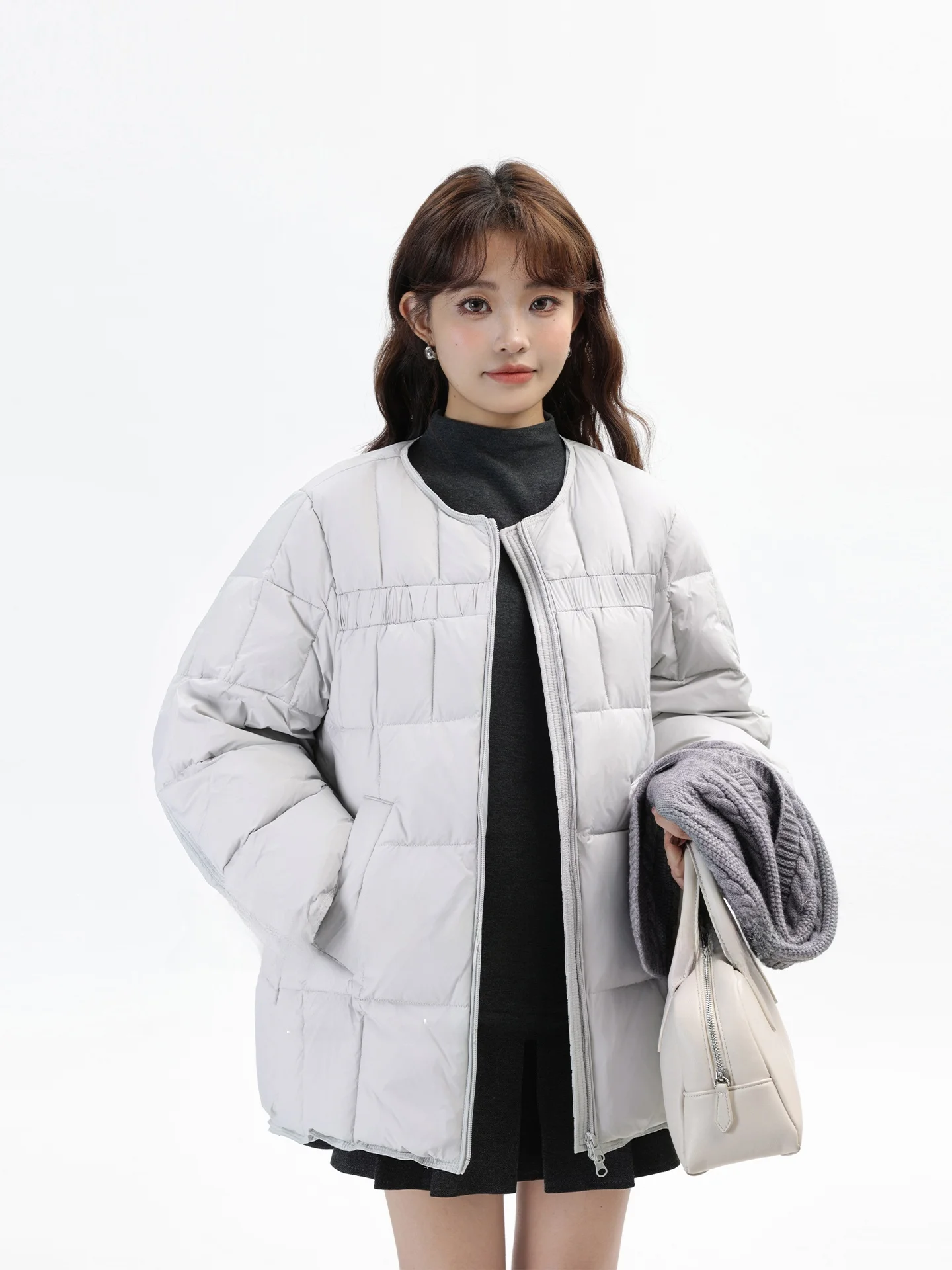 

Korean Sle Loose Slimming round Ne down Jaet Winter New Arrival Warm Lightweight Medium Length Outerwear for Women