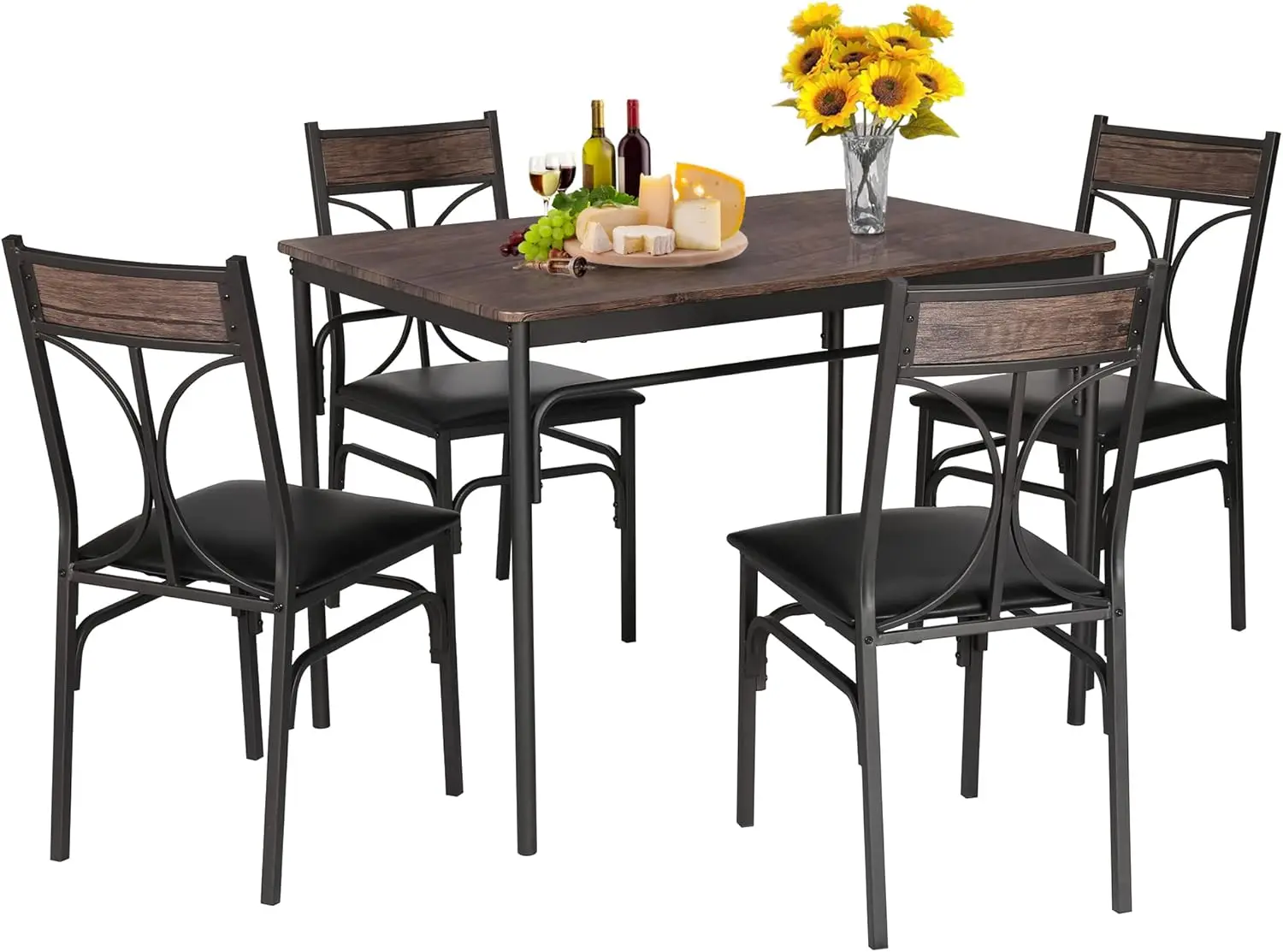 5 Piece Kitchen Table Set For Dining Room,Dinette,Breakfast Nook,Industrial Style, Seating For Four, Brown