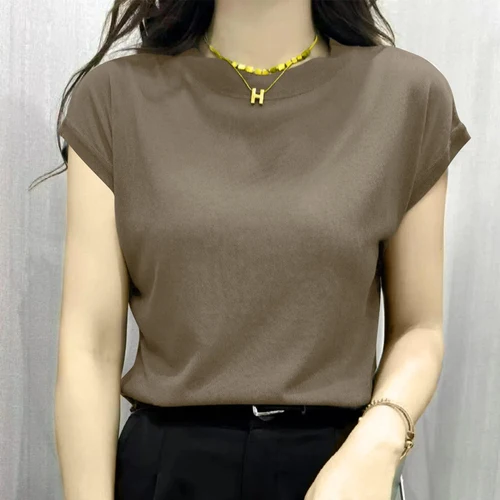 Imagen 2 del producto Camiseta holgada de seda de hielo retorcida para mujer, ropa básica elegante con manga de murciélago y cuello redondo, verano 2024