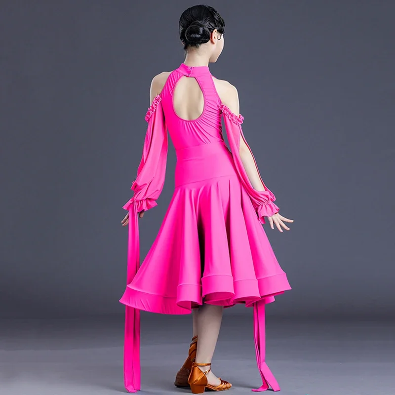 Body de danse moderne pour enfants filles, manches flottantes, épaules découpées, fendue, Standard National, grande jupe pivotante, vêtements de danse professionnels
