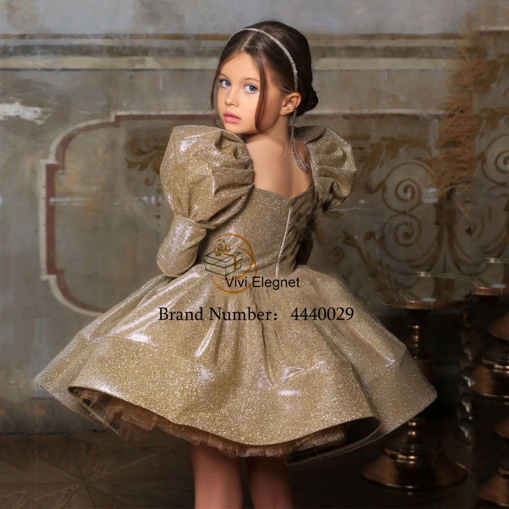 Champagne Tiered Puff Sleeve Flower Girl Dresses with Zipper Back Tutu Strapless Christmas Gown Bow New فساتين اطفال للعيد