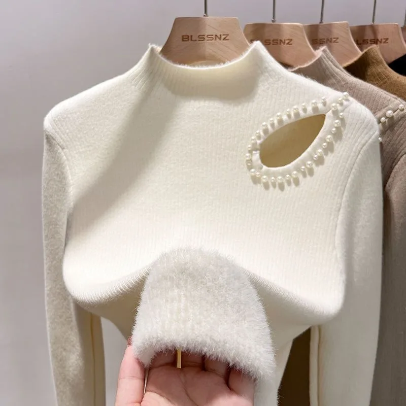 Women Fuzzy Knit Sweater Autumn Winter Mock Neck Pearl Cutout Warm Lined Slim Base Top