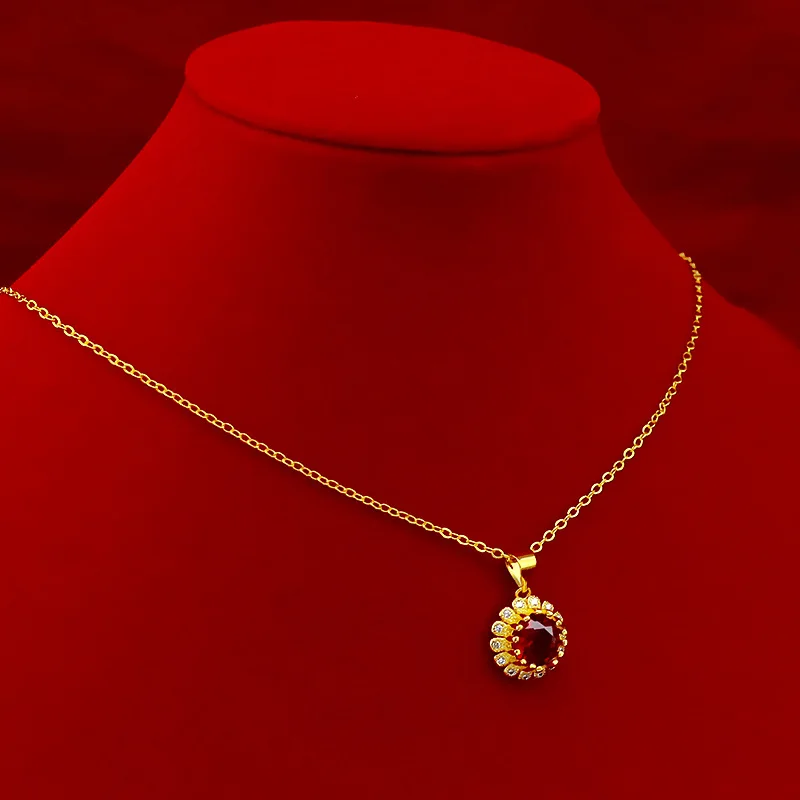 9999 Real Gold 24K Small Daisy Gemstone Ring Women's Ruby Micro Set Sunflower Set Necklace Stud Earrings