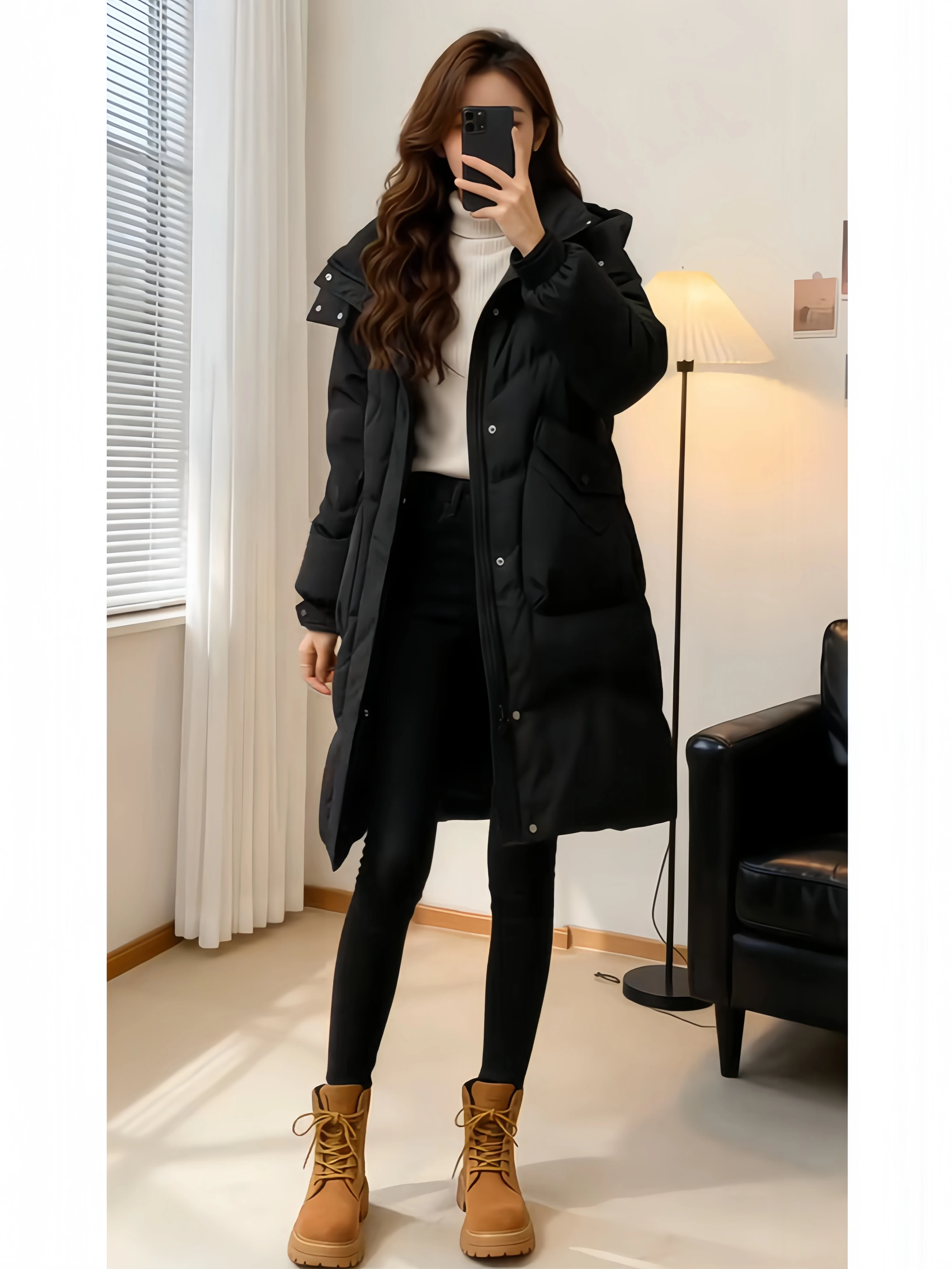 

Casual Hooded Mid-Length Cotton Jacket Women's Stylish Simple Comfortable Practical Outerwear for Winter Commute