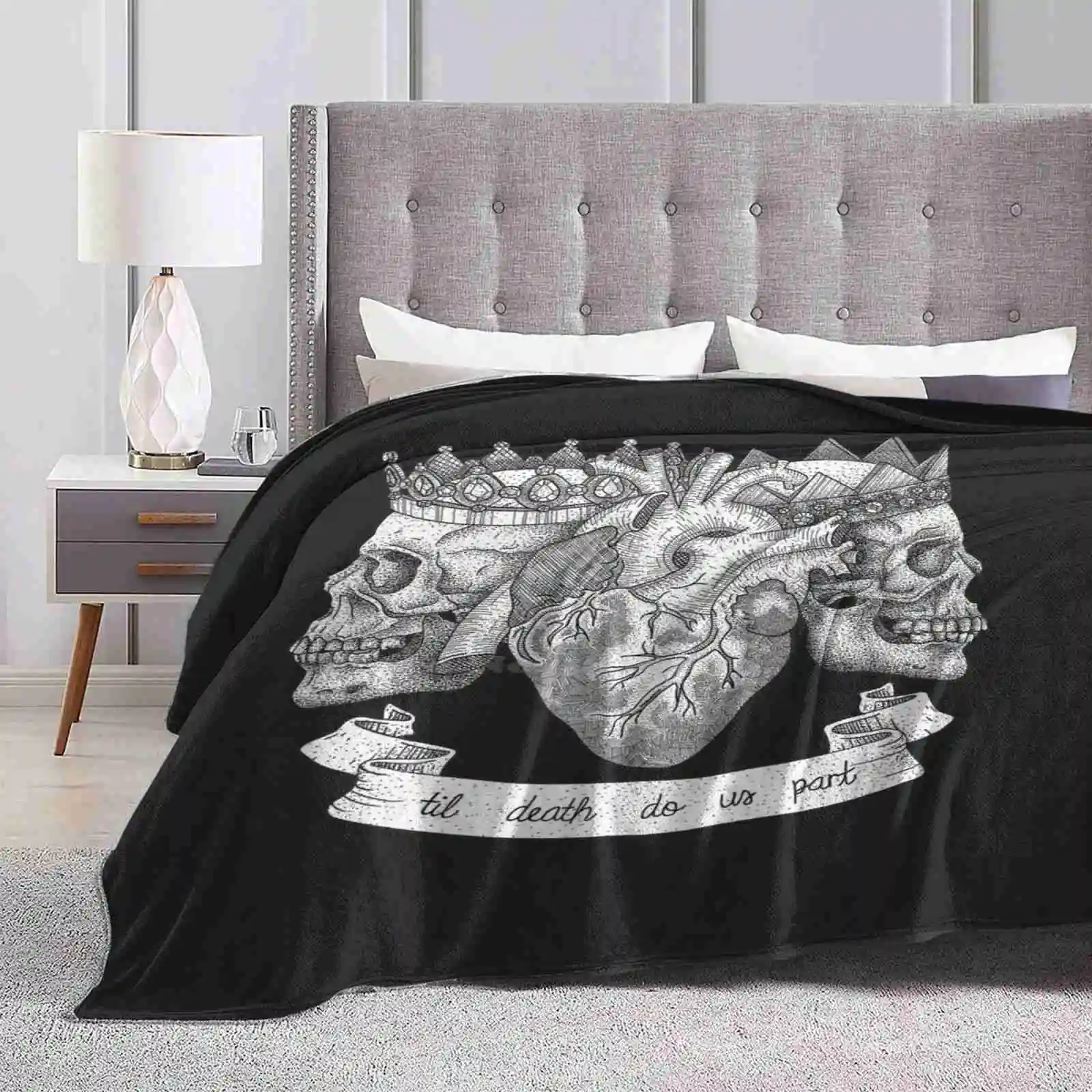 Til Death Do Us Part , Life And Death Illustration Soft Warm Throw Blanket Ink Black White Grey Tattoo Death Skull Heart Pen