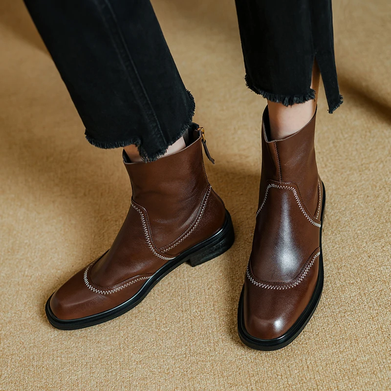 Genuine Leather Cowhide Ankle Boots,Round Toe Women Boots,Modern Booties,Handmade Womens Shoes
