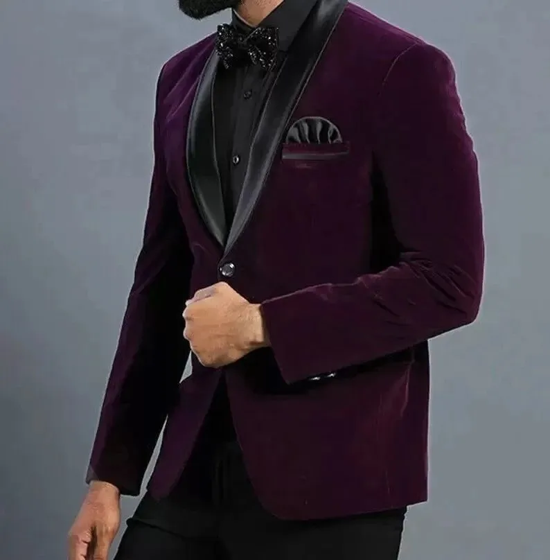 Purple Velvet Men Suit Blazer Black Shawl Lapel One Button Winter Wedding Groom Tuxedos Costume Homme Mariage Only One Coat