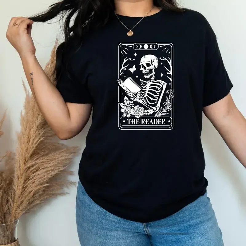 The Reader T Shirt Skeleton Reading Book Lover Librarian Booktrovert Club