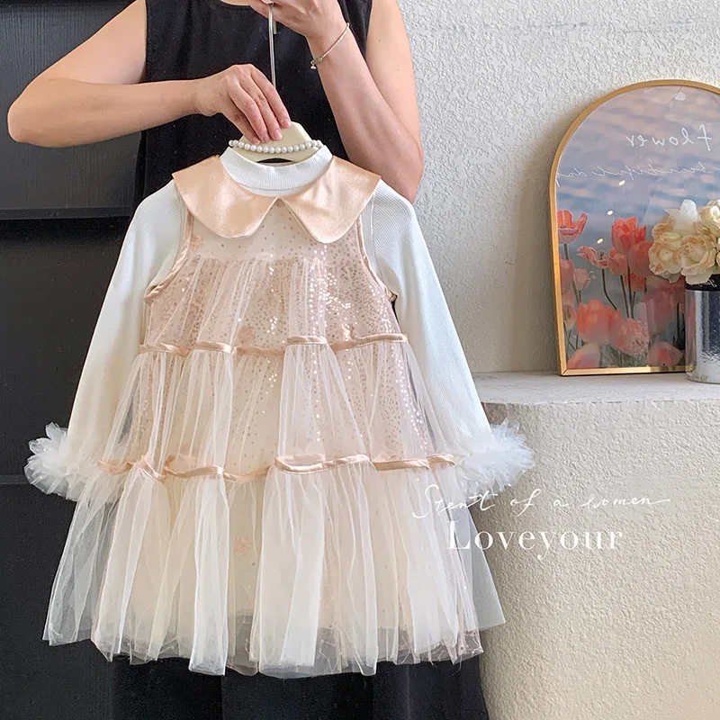 

Girls' Dress Autumn Outfit Children's Princess Dress Girls' Doll Collar Vest Dress Base Shirt Two-Piece Set