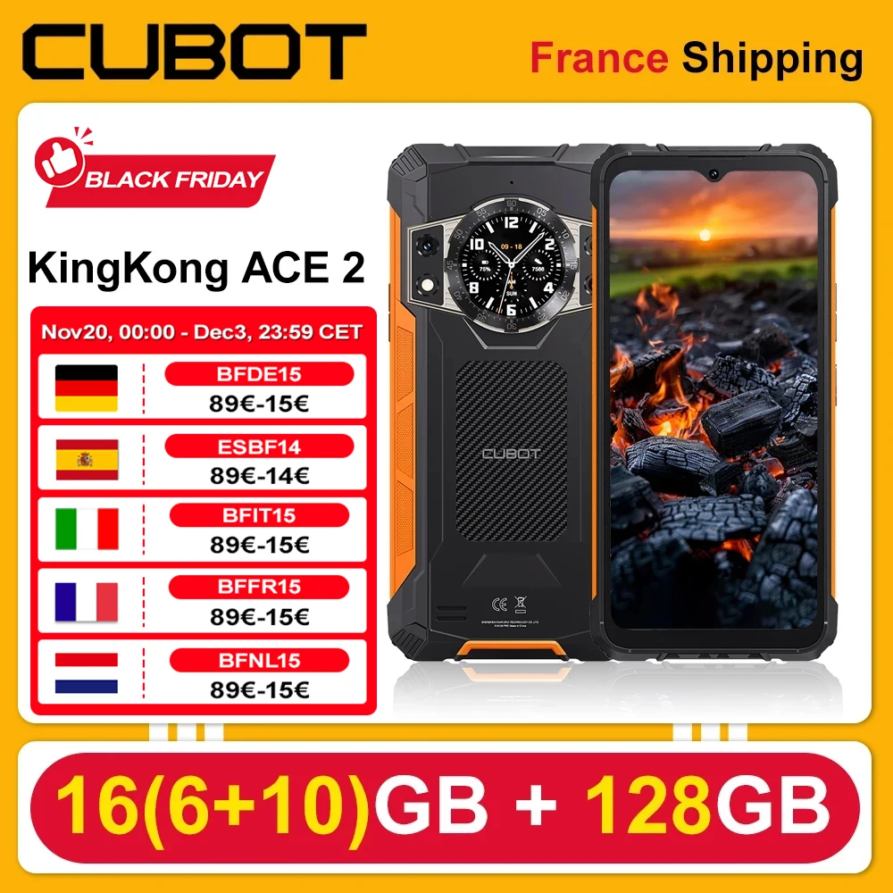 Cubot KINGKONG ACE 2 16 Go (6 + 10) + 128 Go Smartphone robuste ultra-mince, 100 mAh, 48 MP, écran 6,56 pouces 90 Hz, NFC, Android 14