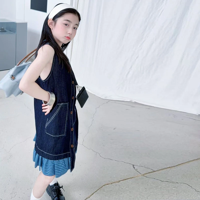 French Vintage Style Child Sleeveless Layered Denim Dress for Teen Girls Retro Blue Denim Dresses Kids Fashion Summer Streetwear