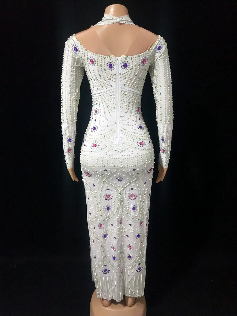 Fashion White Pearl Rhinestones Evening Party Dresses Slit Long Sleeve Women Birthday Celebrate Outfit Singer Model Host Costume