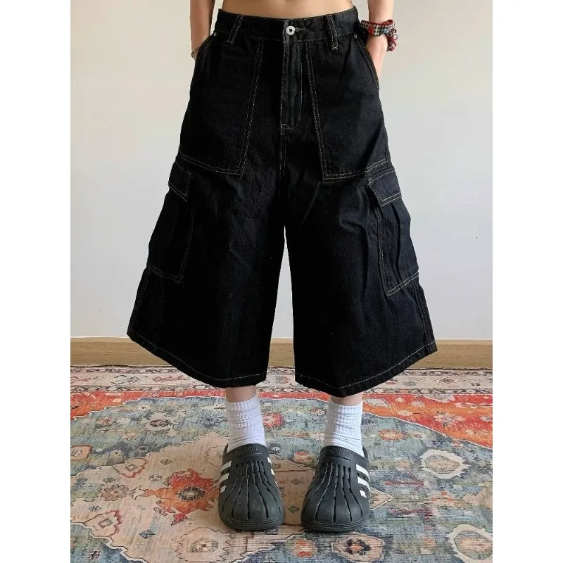 

Retro High Waist Black Washed Denim Shorts Women's Harajuku Vintage Fashion Casual Loose Y2K Streetwear Mid Long Wide Leg Pants