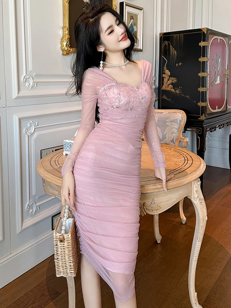 Robe Chic Rose à Manches sulfpour Femme, Vêtement de Bal Élégant et Sexy, Nouvelle Collection Printemps Automne