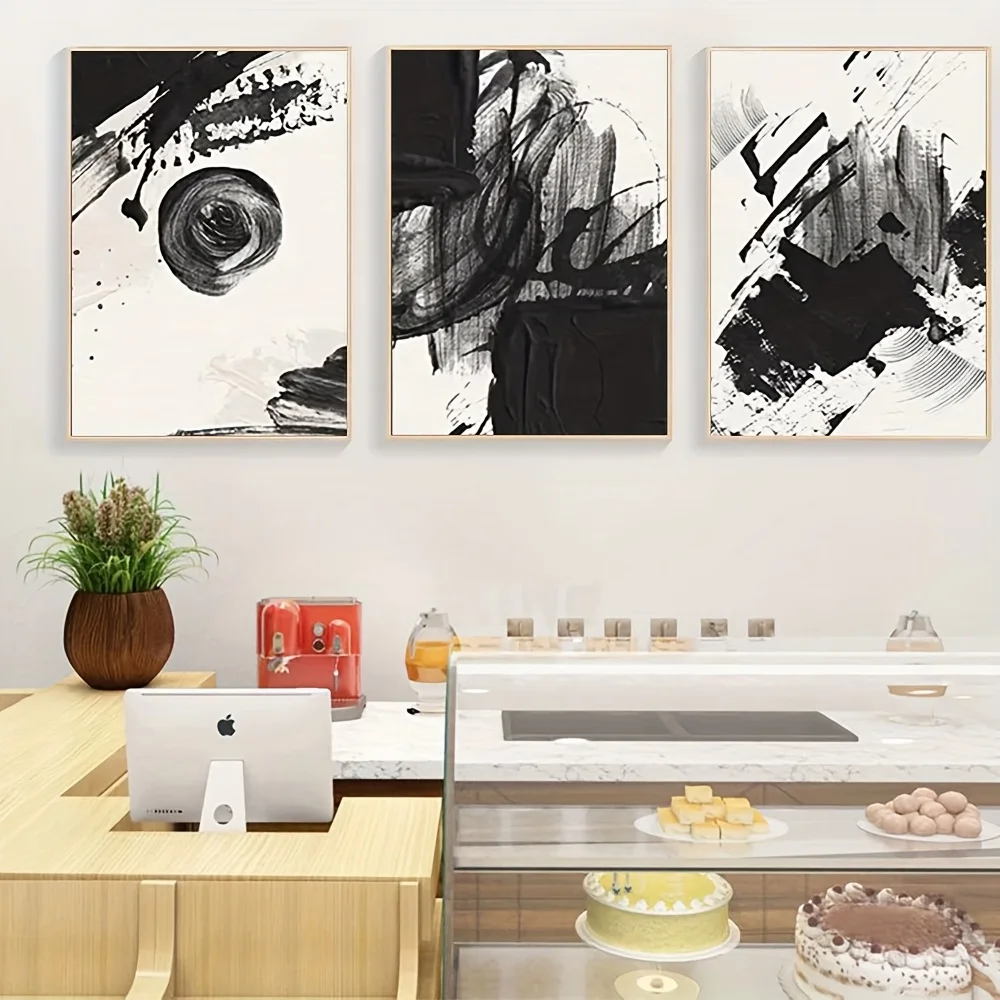 2D Flat 3pcs Unframed CWBLYZ Canvas Prints - Abstract Brushstrokes Black White Ink Art, Poster Wall Decor for Living Room Off