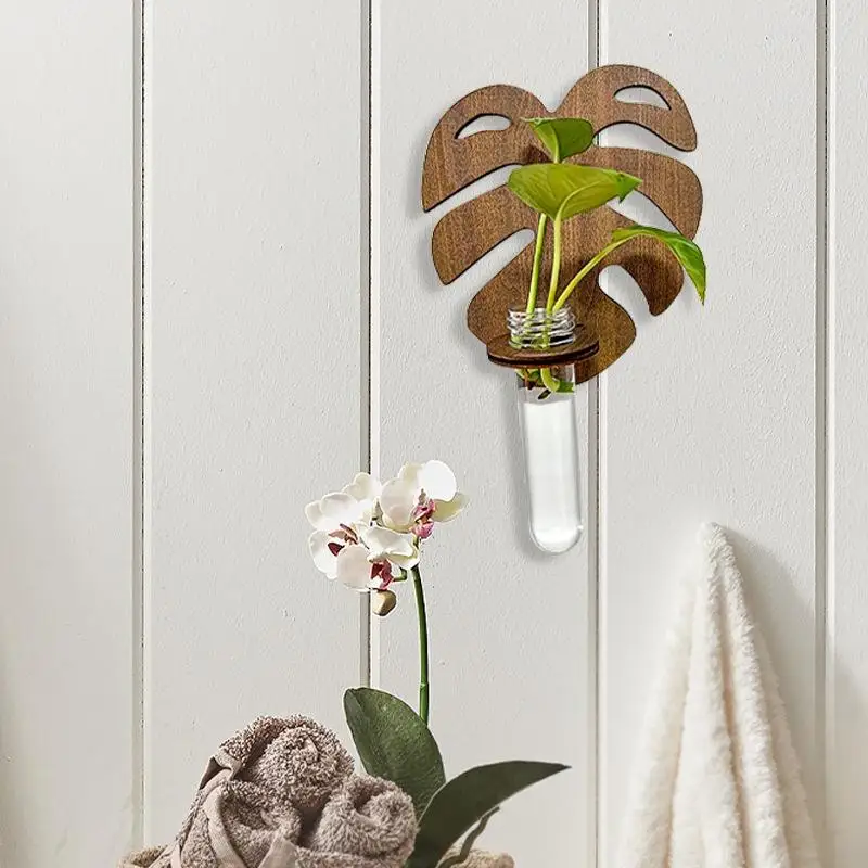 Wooden Monstera Wall Hanging Planter Innovative Hydroponic Test Tube Vase for Home Ambiance