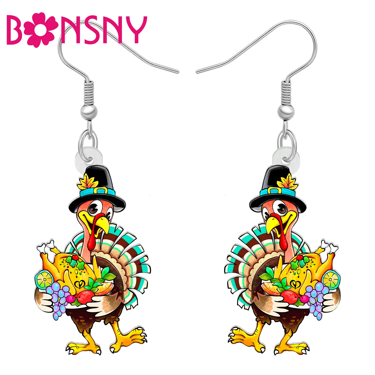 BONSNY Acrylic Floral Hat Turkey Delicious Roast Chicken Earrings Trendy Jewelry Drop Dangle For Women Girls Thanksgiving Gifts