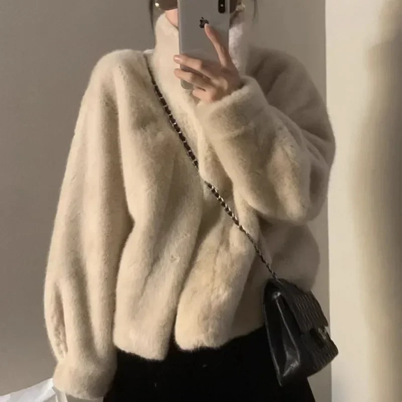 2024 Winter women\'s faux fur coat Women imitation fur jacket short stand-up collar Outwear Thick Warm sweater N1018-3