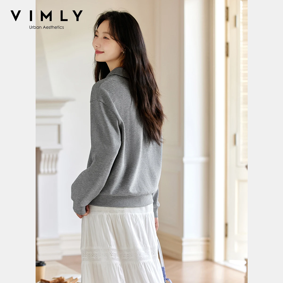 VIMLY Sports Women Grey Sweatshirts Autumn 2025 Lace Splicing Turn-down Neck Knitted Female Sweatshirt Loose Ladies Tops A2225