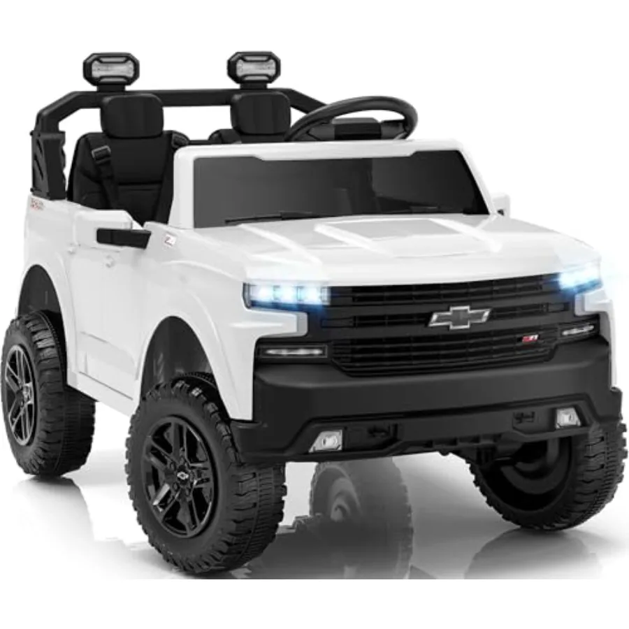 

24V 2-Seater Ride-On Car for : White Licensed Chevrolet Silverado Electric Toy with Remote Control Bluetooth LED Lights Seat Be