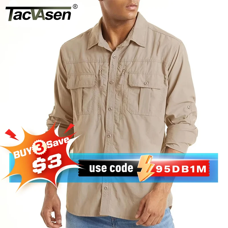 TACVASEN With 2 Chest Zipper Pockets Cargo Shirt Men's Quick Drying Skin Protective Long Sleeve Work Shirt Male Tops Outdoor