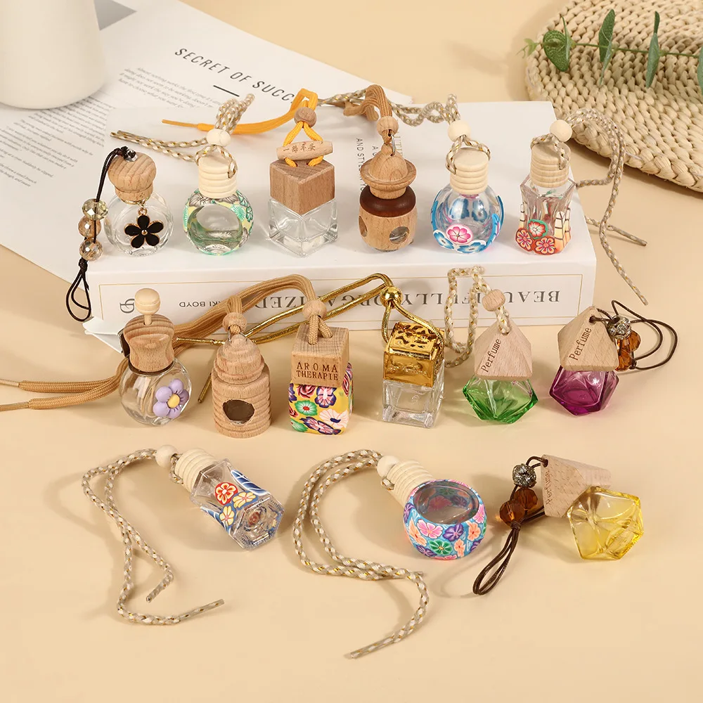 Mini Botella de Perfume de Vidrio Vacía, Colgante de 8ML/12ML, Difusor de Aroma para Coche con Tapa de Madera, Envase para Aceites Esenciales