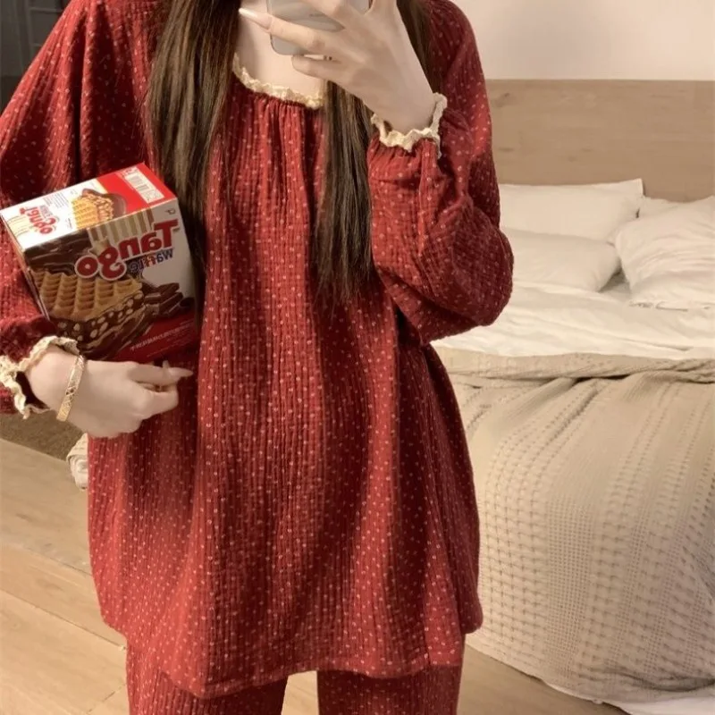 Red Dot Sleepwear Women Pajama Sets Aututmn Piiama Lace Pants Sets 2 Pieces Korean Cute Night Wears Ruffles Sleeping Home Suit