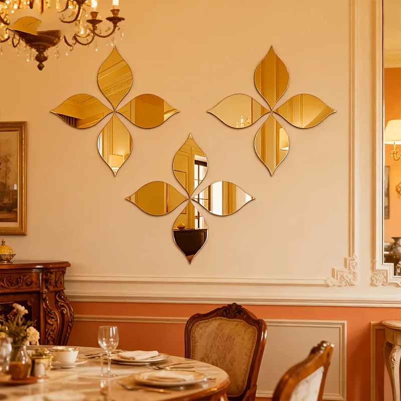 12pcs Acrylic Four-Leaf Clover Shaped Wall-Mounted Makeup Mirror Bohemian Style Golden Trim Decoration,Art Decorative Mirror