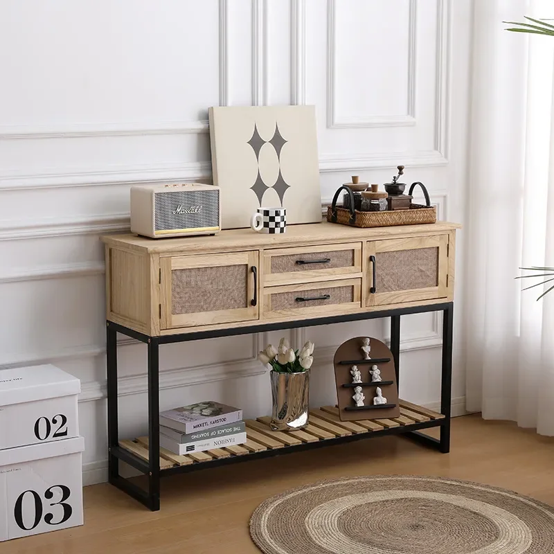 Customized Retro Style Wrought Iron Cabinet Solid Wood Long Strip Table Porch Storage Locker Shelf for Home Organization