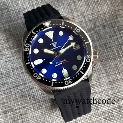 37MM SKX Steel Diver Mechanical Watches Sunburst Blue Waffle Rubber Bracelet Green Luminous Markers 3.8 Crown Sport Women Watch