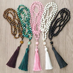Mala 108 Beads Prayer Necklace 6mm Natural Tiger Eye Onyx Stone Necklaces Tassel Pendant Square Accessories Meditation Jewelry