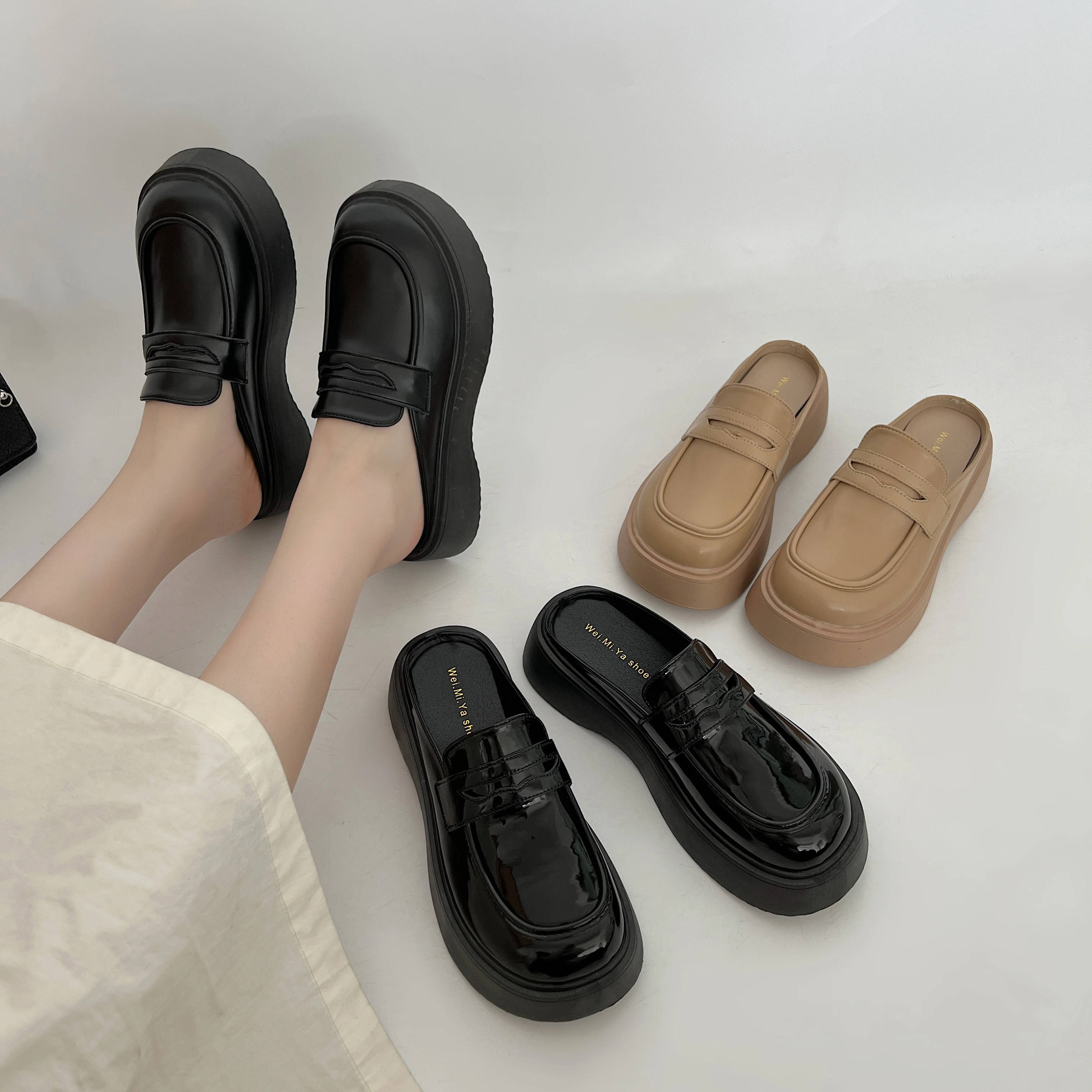 Loafers Med Slippers Casual Cover Toe Shoes Woman 2023 Platform Pantofle Luxury Flat New Bonded Leather Rubber Slides PU