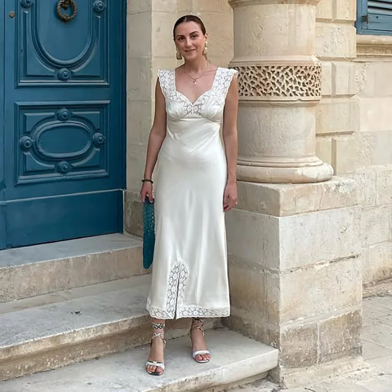 Satin V-neck Long Dress Women Sexy Sleeveless Lace-up Party Dresses Elegant Lace Slit Maxi Dresses 2026 Spring Vestidos