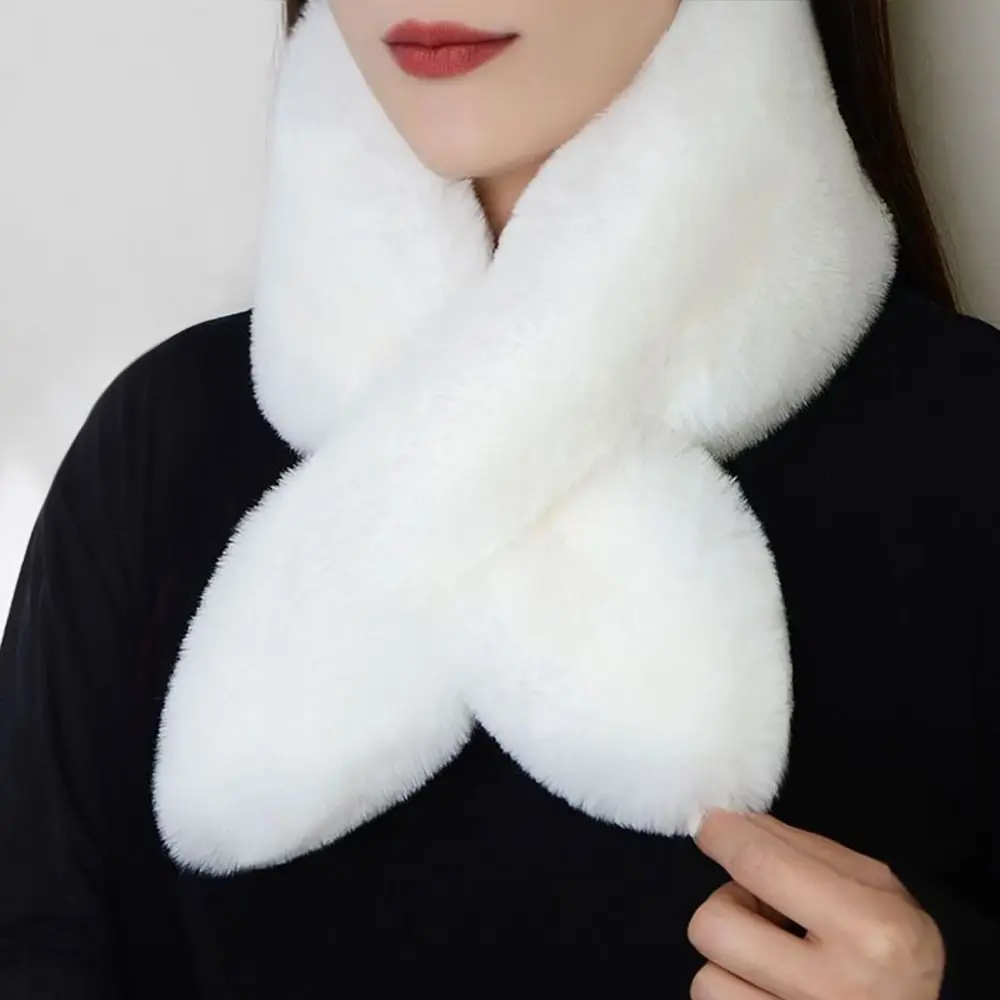 Women Winter Warm Thicken Cross Collar Scarf Solid Color Faux Rabbit Fur Plush Elegant Shawl Scarfs Neckerchief Wrap Neck Warmer