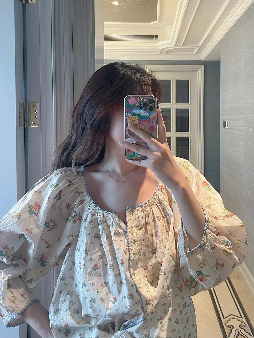 

Women's Pure Cotton Shirt Spring Autumn Blue Embroidery Edge Round Neck Lantern Sleeve Single Breasted Loose Flower Print Blouse