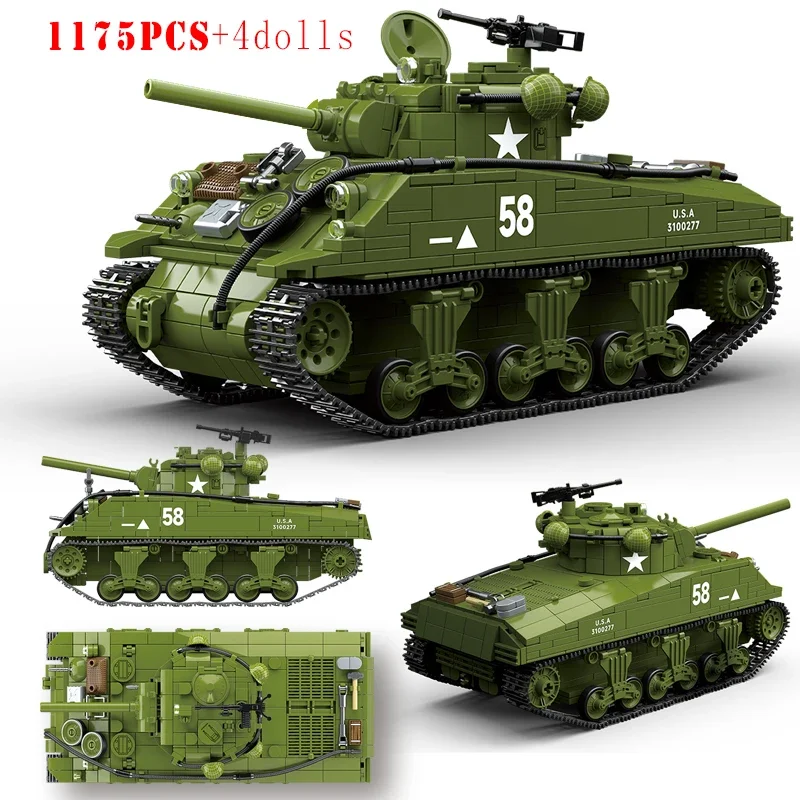 WW2 Military US Army M4A3 Sherman medium armored vehicle IS-2 Heavy Tank boy Building Blocks Bricks Toys for Boys Gifts