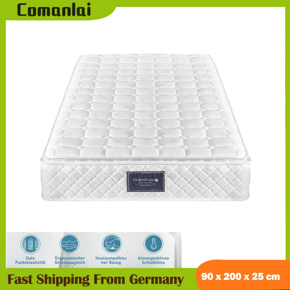 Comanlai 90 x 200 cm Matratze, 7-Zonen-Federkernmatratze, atmungsaktive Schaumstoffhärte, H3, Doppelstoffbezug, weiß, 25 cm Höhe