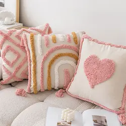 Pink Cotton Tufted Pillow Cover With Tassels Ins Sweet Decorative Pillowcase For Sofa Chic Boho Style Funda Cojin Cushion Cover