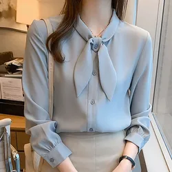 Fashion Long Sleeve Bow Collar Women Shirt New White Chiffon Shirt Blouse Women Tops Shirts Blusas Para Mujer Blusas 2024 F265