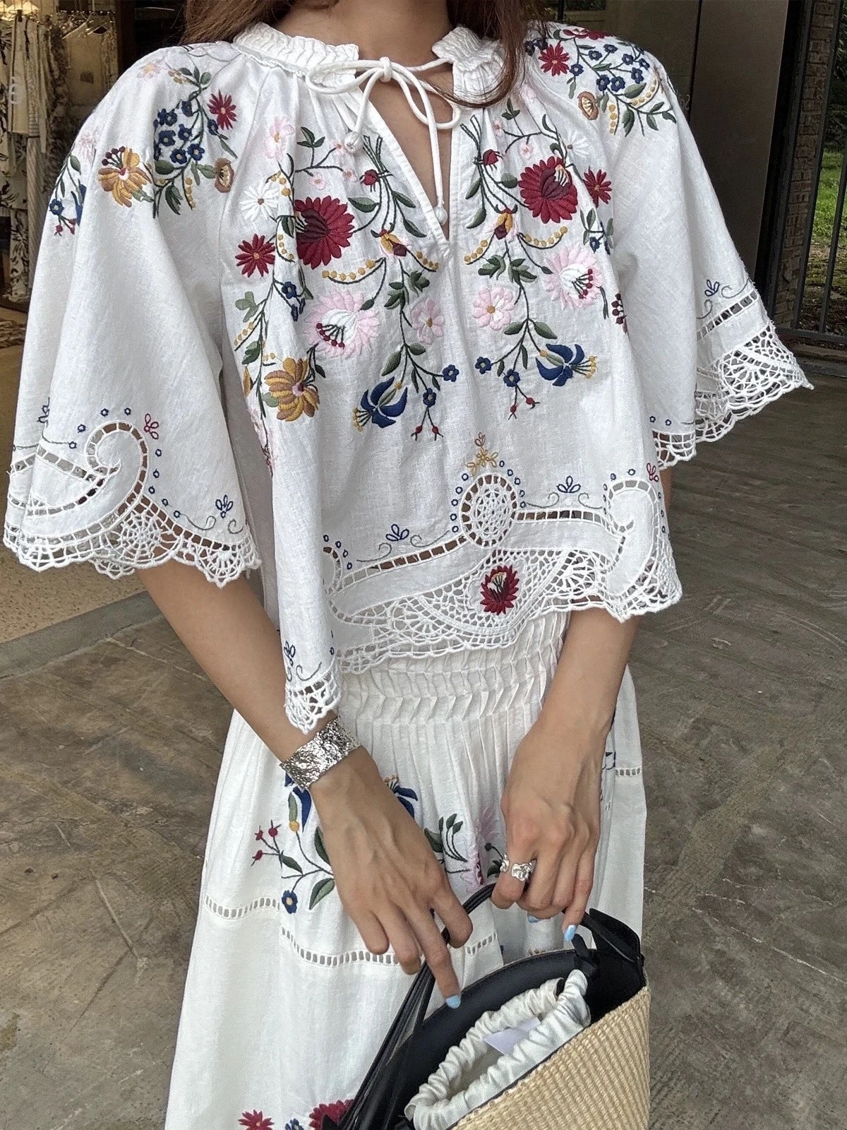 

South Oil Quali Mixed Fiber Lace Floral Embroidery irt ort Sve Cotton Linen Blend Women's Premium Faion Summer 2025