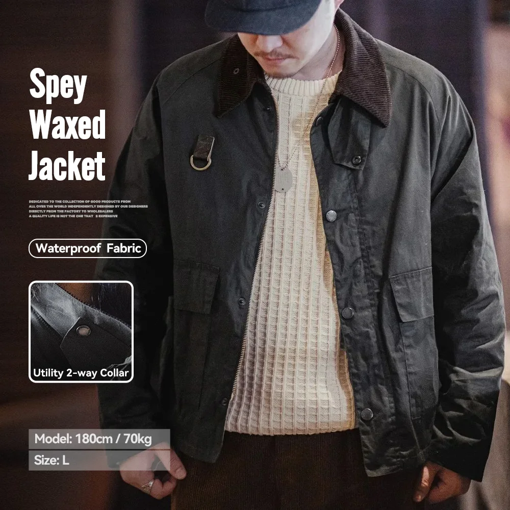 

Maden Vintage Spey Waxed Fishing Jacket Distressed Outdoor Corduroy Collar with Pockets Coat for Men's Autumn Classic Overcaot
