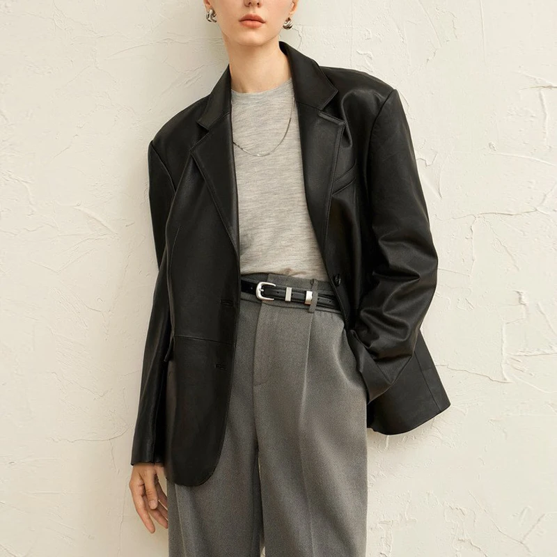 Fashion Women's Real Leather Blazer Jackets 2025 Spring Black Casual Fitted Sheepskin Coats Chic Office Ladies Leather Outwear